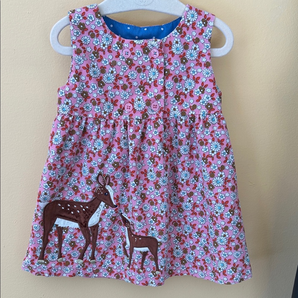 Baby Boden Pink Floral Dress with Deer & Doe Appliqué EUC!